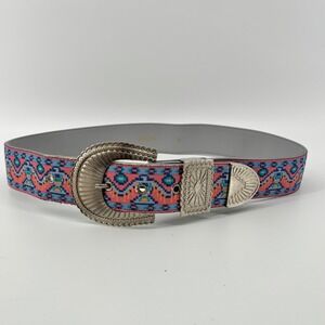 Nuovo Vintage Western‎ Tapestry Belt Pink Blue Geometric Silver Buckle Size 5